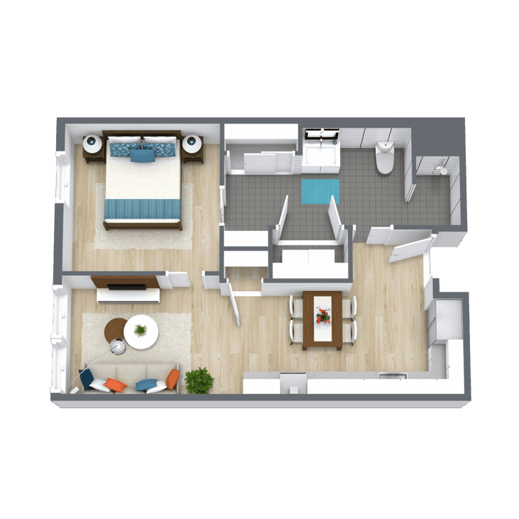 A warm, inviting living space featuring a comfortable bedroom, bright common area, and dining table, perfect for community gatherings.