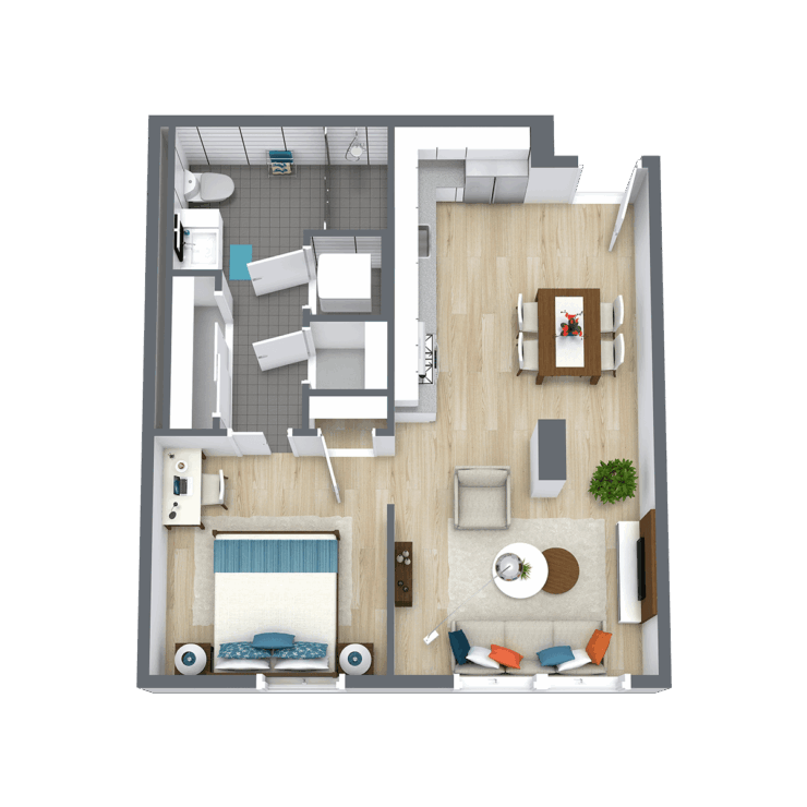 Bright, inviting apartment layout designed for comfort and community living. Perfect for relaxation and connection.