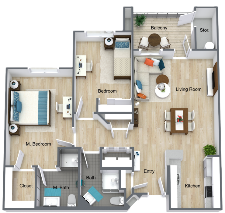 A welcoming layout showcasing spacious rooms and a bright balcony, perfect for community living.