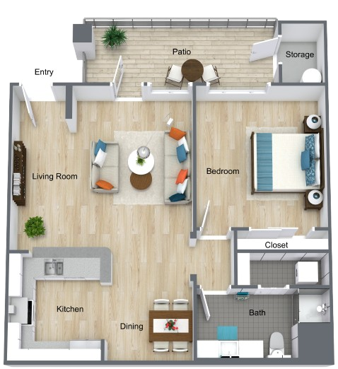A welcoming layout featuring a spacious living area, inviting kitchen, and serene bedroom, perfect for community living.