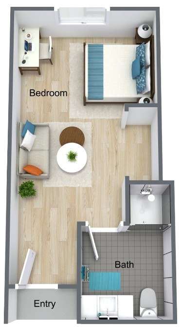 A welcoming layout featuring a spacious bedroom and a convenient bath, perfect for comfort and community.