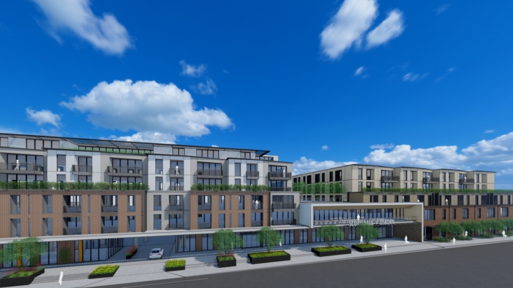 Bright, welcoming architecture with lush greenery fosters a vibrant community atmosphere.