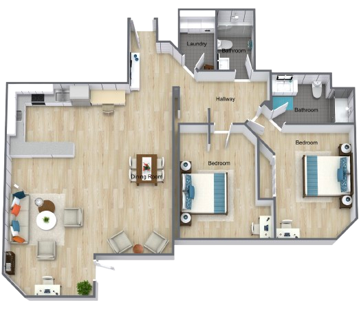 Spacious two-bedroom apartment with open living areas, modern kitchen, and dual bathrooms promoting comfort and ease.