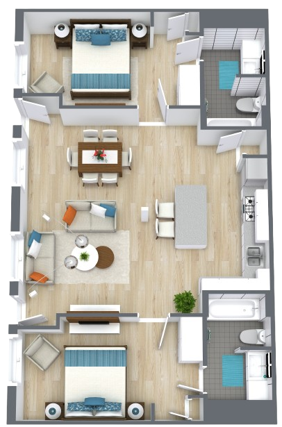 A welcoming living space featuring comfortable seating, a dining area, and cozy bedrooms, promoting community.