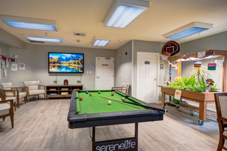 A welcoming activity room featuring a pool table, cozy seating, and vibrant decor, fostering community and joy.