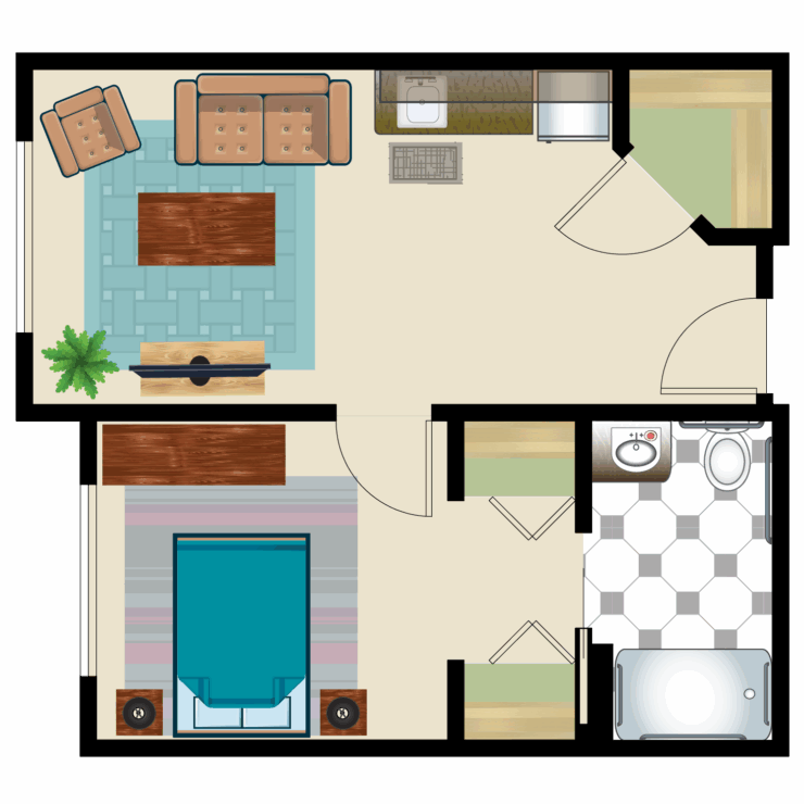 A well-designed, inviting space that promotes comfort and community living for residents.