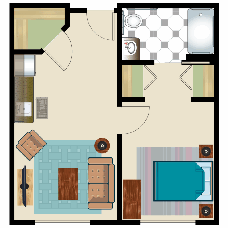 A welcoming layout featuring comfortable seating, a cozy bedroom, and a friendly atmosphere, perfect for community living.