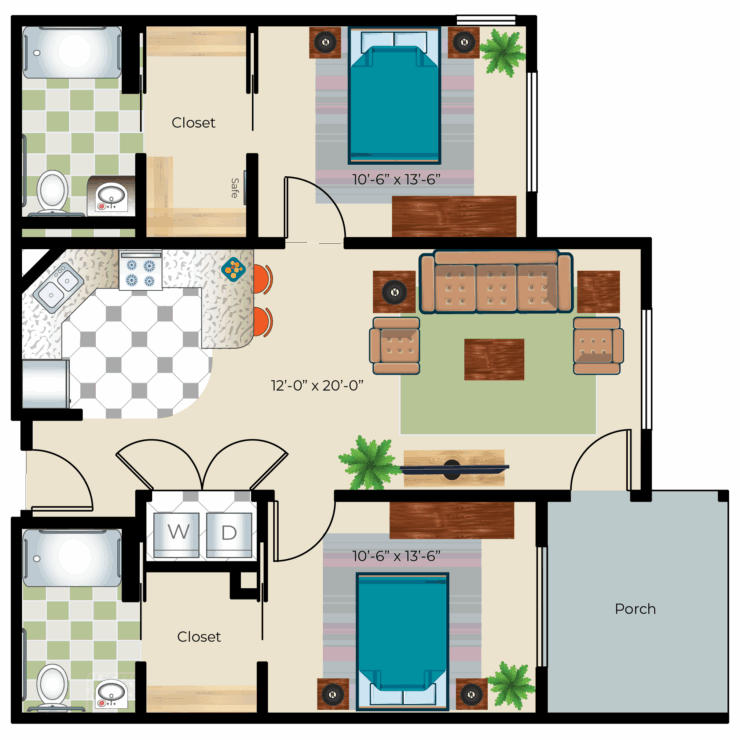 Welcoming layout with bright spaces, cozy seating, and serene bedrooms, perfect for community living.