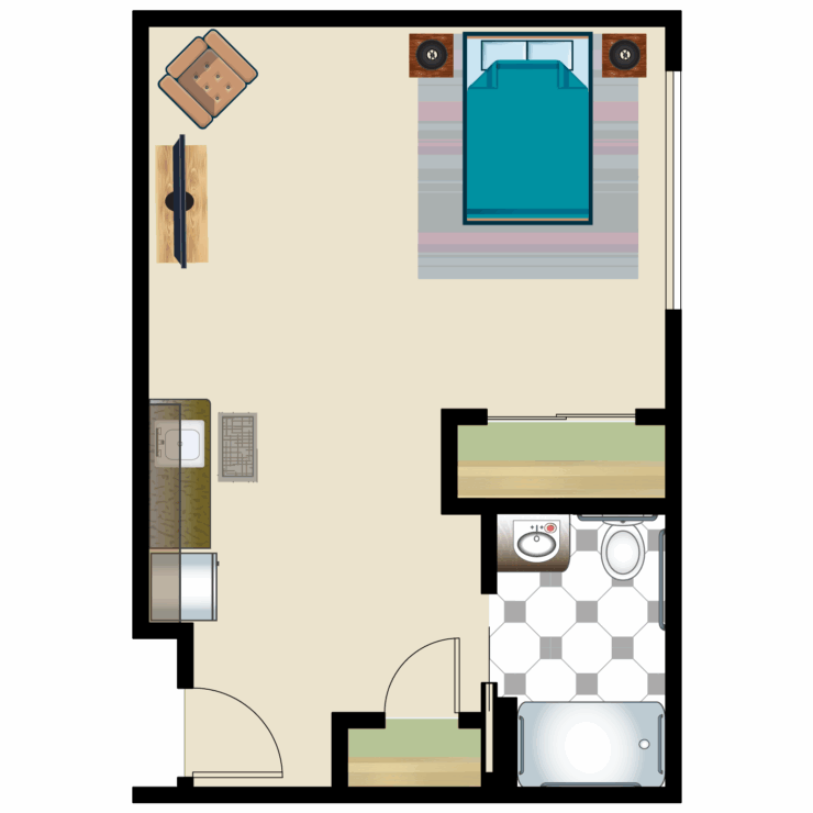 A bright, inviting living space with a comfortable bed, cozy seating, and essential amenities.