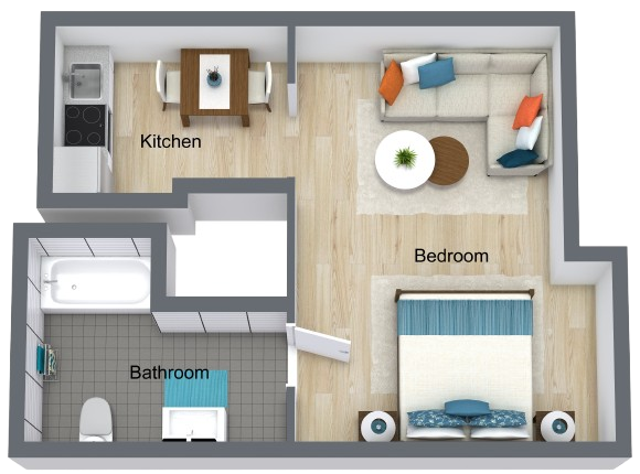 A warm, inviting layout featuring spacious living areas and a cozy kitchen, perfect for community living.