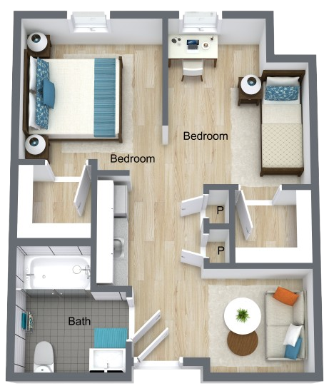 A welcoming layout featuring spacious rooms and natural light, perfect for community living and comfort.