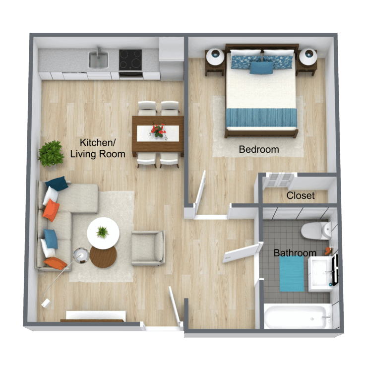 An inviting floor plan featuring a spacious living room, kitchen, and essential comforts for community living.