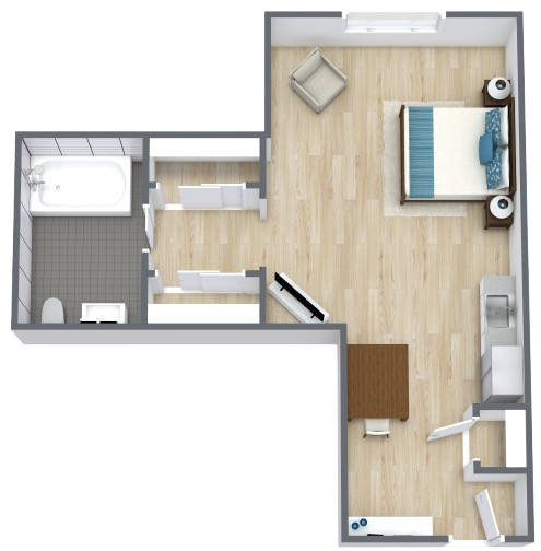 A welcoming layout featuring a spacious bedroom, comfortable living area, and convenient amenities.