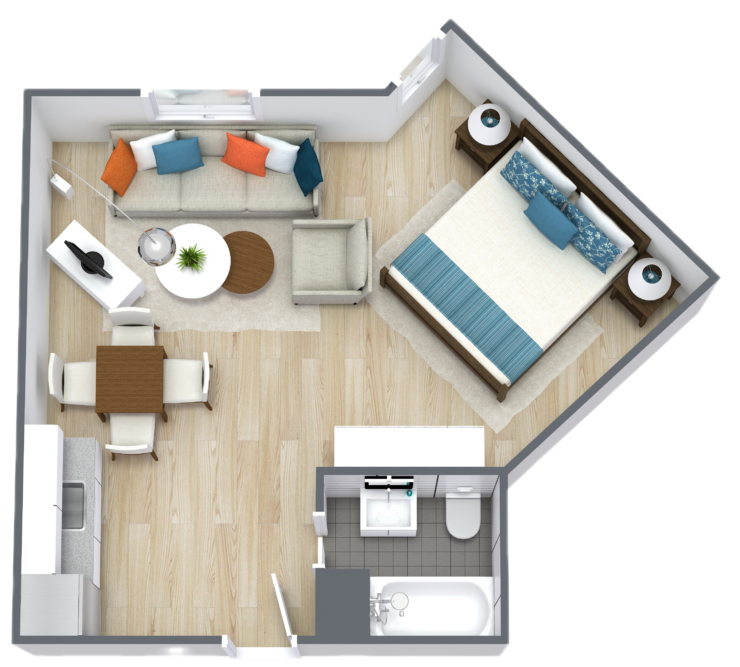 A welcoming layout featuring comfortable seating and a cozy bedroom, perfect for community living.
