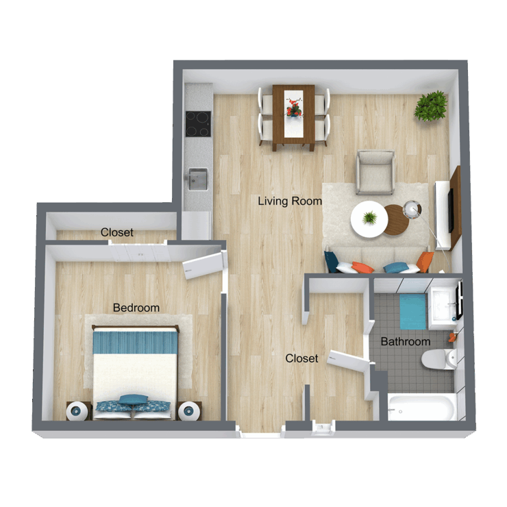 A welcoming layout featuring a living area and bedroom, perfect for community and comfort.