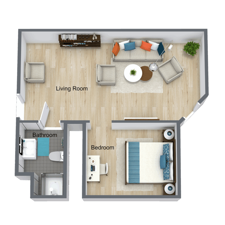 This welcoming layout features a bright living space, cozy bedroom, and a charming patio, perfect for community living.