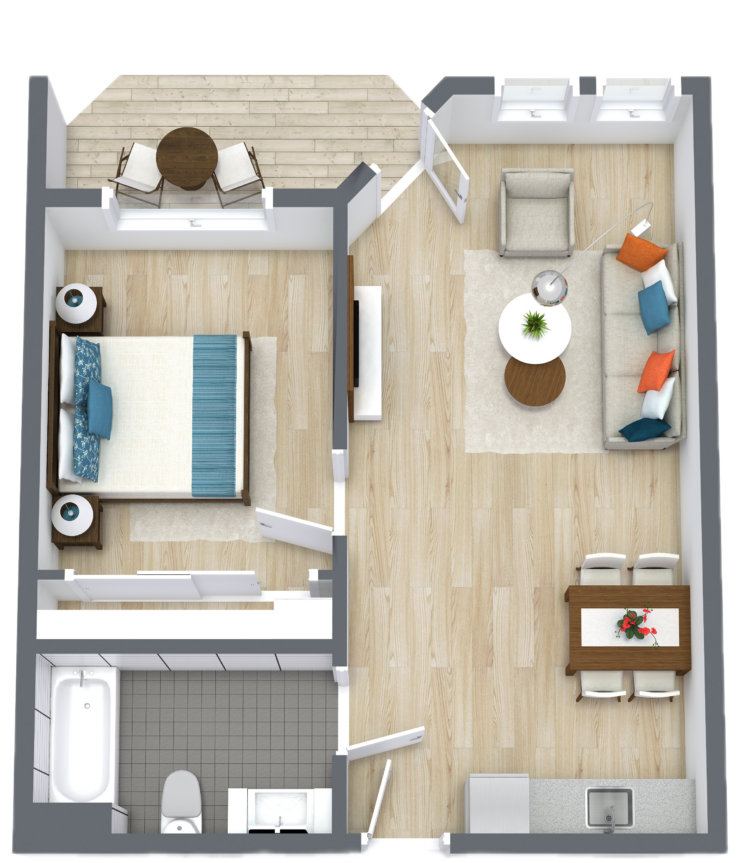 A welcoming floor plan featuring cozy living spaces, a serene bedroom, and a relaxing patio for community enjoyment.