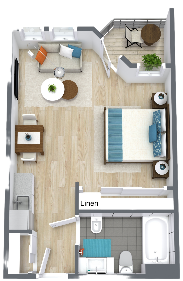 Cozy layout featuring a living area, kitchenette, and patio, perfect for comfort and community.