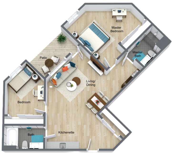This inviting floor plan features spacious living areas and a charming patio for relaxation and community gatherings.