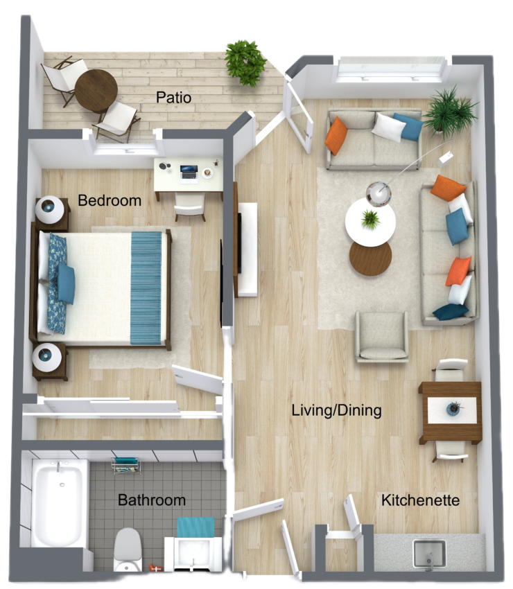 A well-designed living space that fosters comfort and community, featuring a peaceful patio and cozy kitchenette.