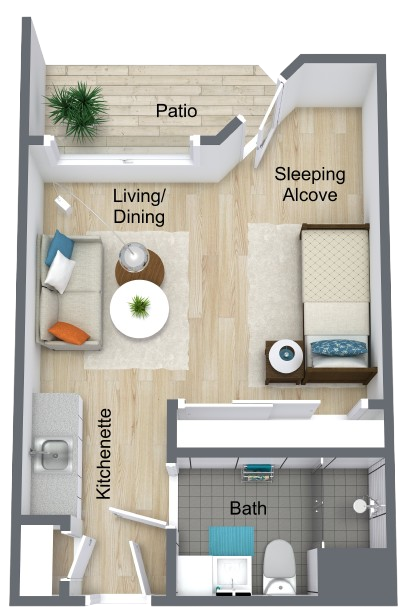 Bright and inviting layout features a serene patio, perfect for community living and relaxation.