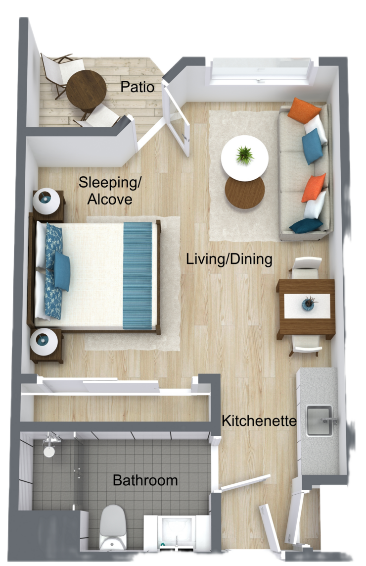 An inviting layout featuring a living/dining space, kitchenette, and patio, perfect for community living.