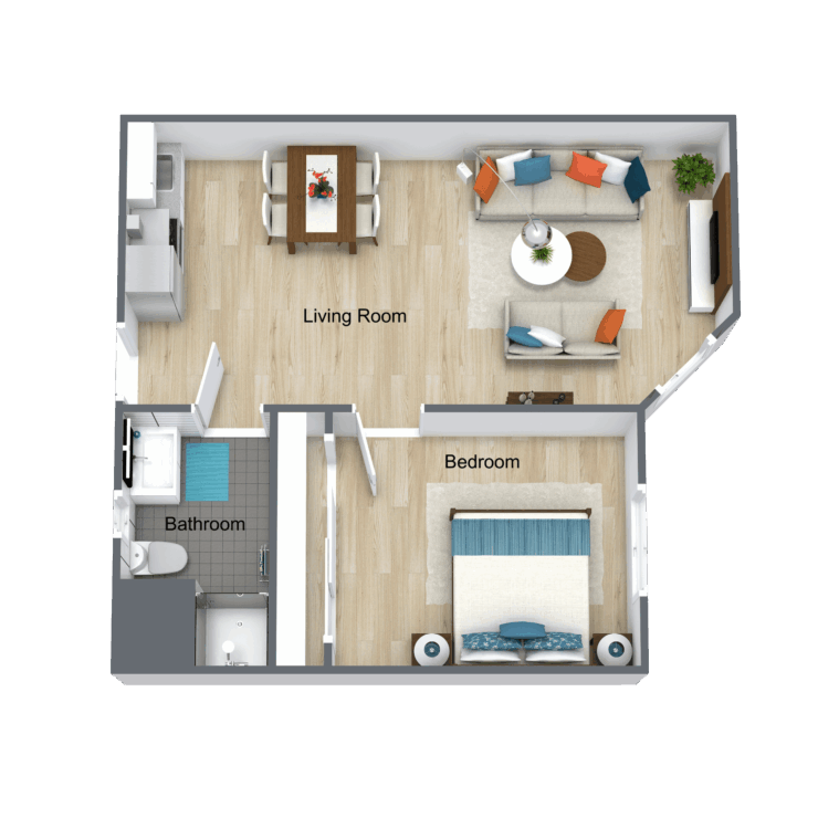 Cozy layout featuring a bedroom, living/dining area, and patio, fostering comfort and community.