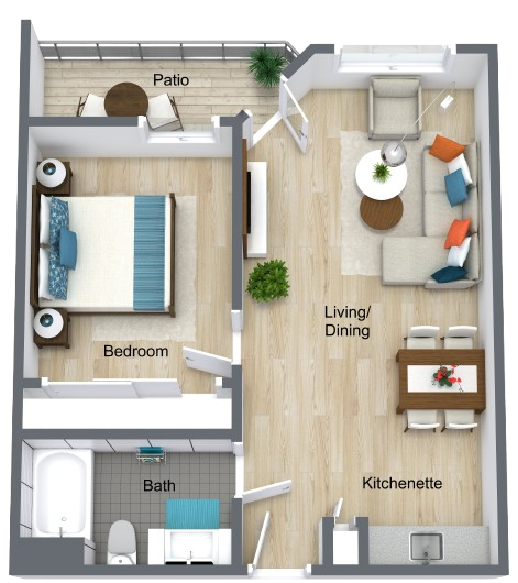 Welcoming floor plan featuring a spacious living room and serene bedroom, ideal for comfort and community.