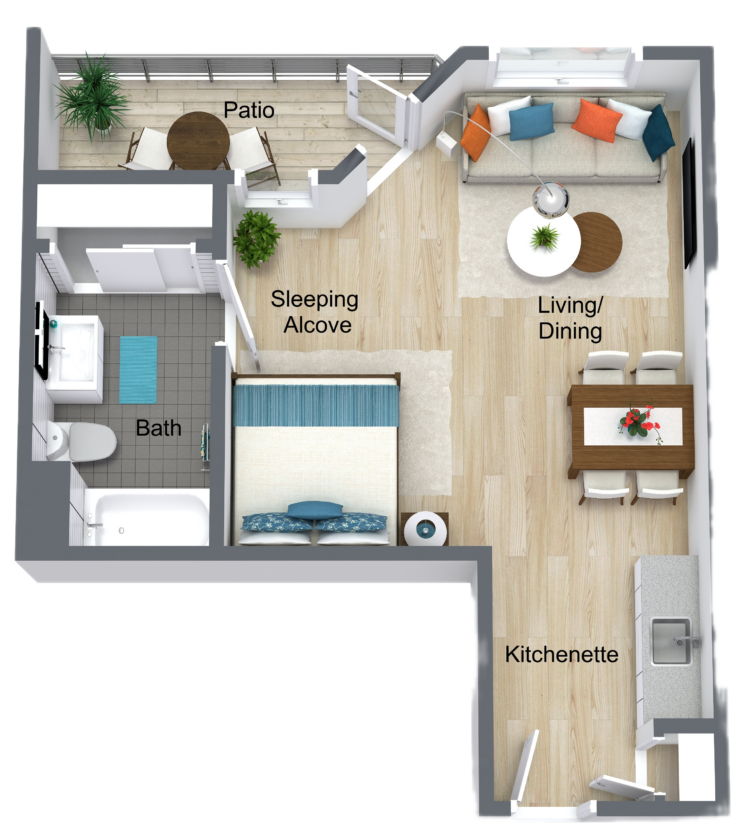 A welcoming layout featuring a living area, kitchenette, and private patio, perfect for community living.