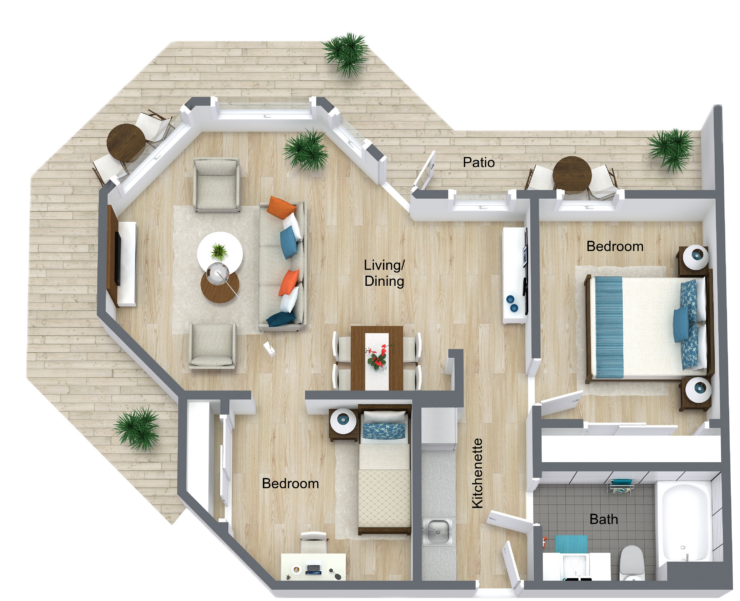 A welcoming layout featuring shared spaces and private rooms, perfect for community living and comfort.