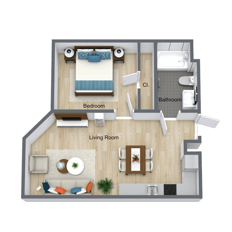 Charming layout featuring a patio, cozy living space, and convenient kitchenette for comfortable living.