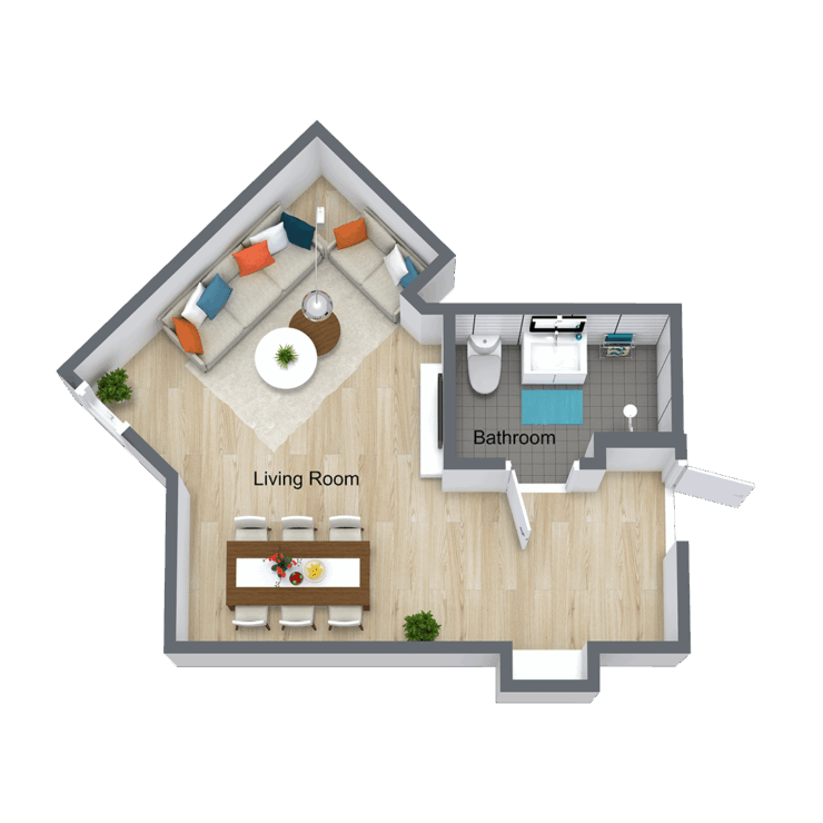 A spacious living area and convenient bathroom layout foster a welcoming community environment.