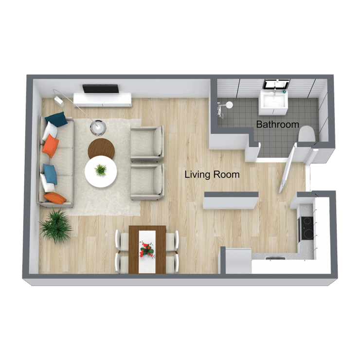 Cozy living space featuring a kitchenette, bath, and a sleeping alcove, perfect for fostering comfort and community.