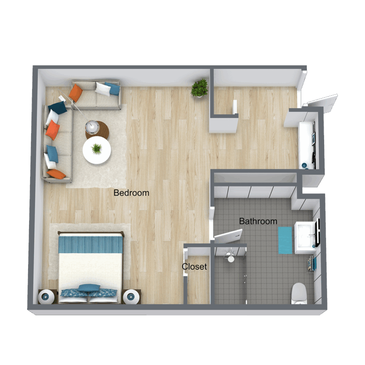 A welcoming floor plan with a spacious living/dining area, kitchenette, and cozy bedroom, perfect for comfort and community.