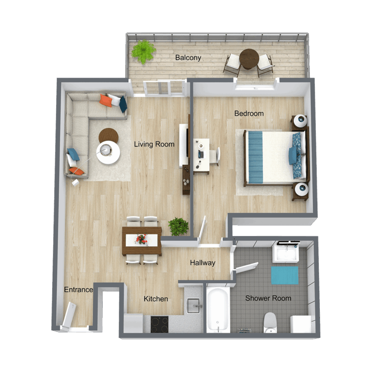 A welcoming floor plan designed for comfort, featuring a spacious bedroom and accessible bathroom.