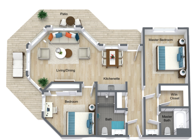 A welcoming floor plan featuring spacious living areas, cozy bedrooms, and a charming patio for relaxation.