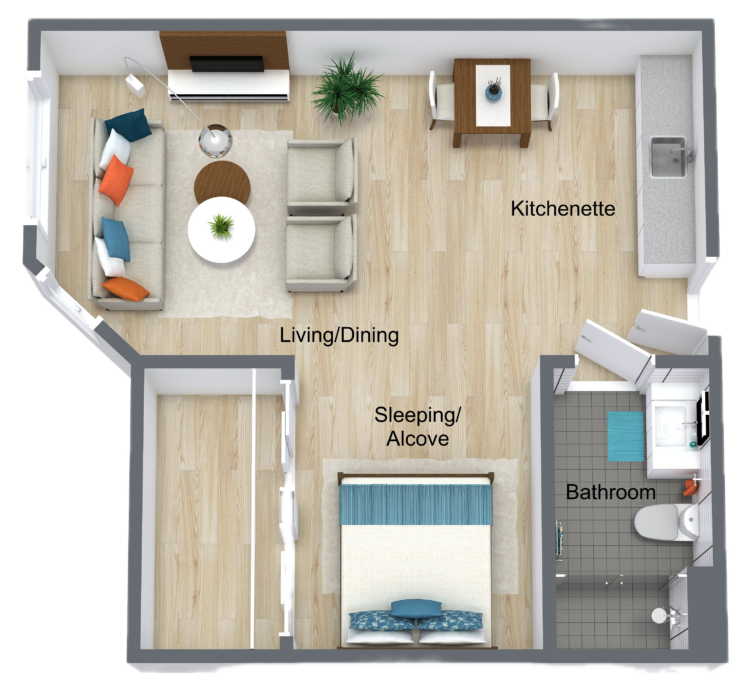 Cozy layout featuring a living area, kitchenette, and private sleeping alcove, perfect for comfort and community.