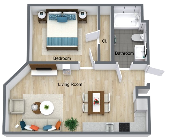 Charming layout featuring a patio, cozy living space, and convenient kitchenette for comfortable living.