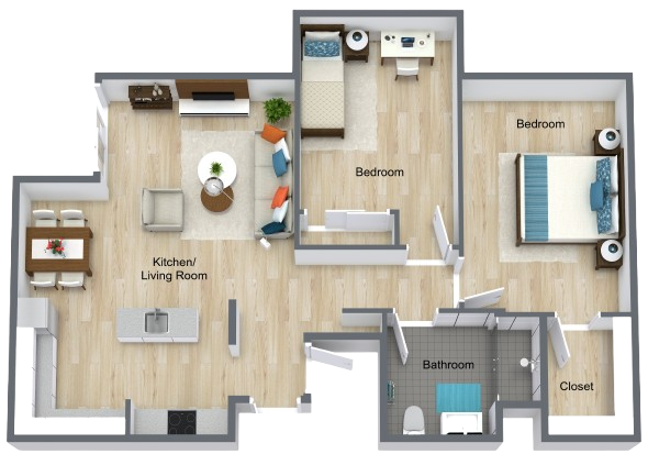 Spacious two-bedroom layout with open living area, inviting dining space, and comfortable bedrooms.