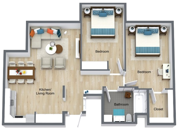 Spacious 2-bedroom apartment with open living area and comfortable, accessible bathroom.