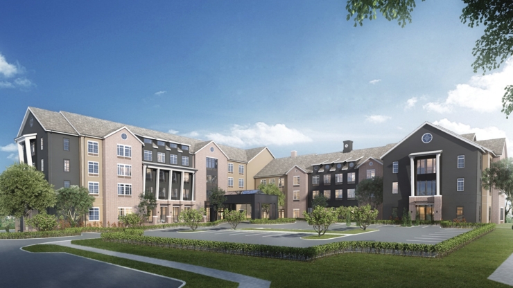 A welcoming retirement community surrounded by lush greenery, offering comfort and connection.