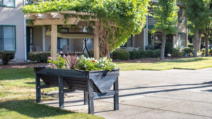 Lush flowers bloom under a cozy pergola, inviting connection and relaxation in a welcoming community.