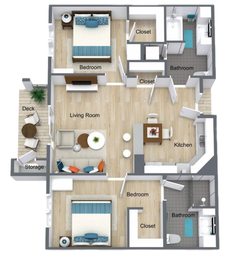 Spacious two-bedroom home with open living, dining areas, and a peaceful back porch.