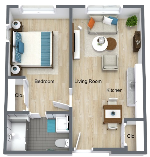 A welcoming one-bedroom layout, designed for comfort and ease, perfect for community living.
