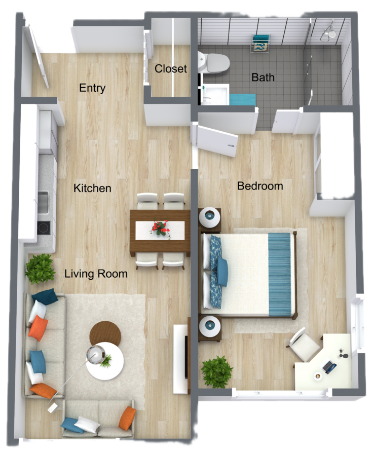 A welcoming layout featuring a spacious one-bedroom, one-bathroom design, perfect for comfort and community.
