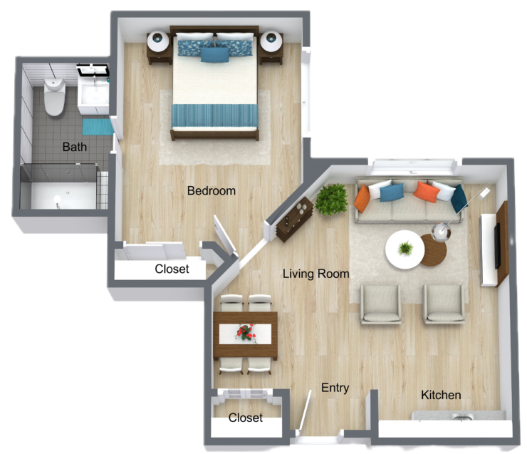 A welcoming layout designed for comfort, featuring a spacious one-bedroom with essential amenities.
