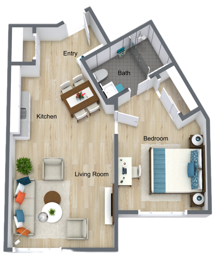 This spacious one-bedroom layout invites comfort and community living, perfect for a warm home.