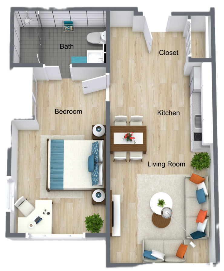 A welcoming one-bedroom layout designed for comfort and community living, ideal for relaxation.