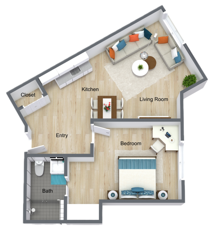 A welcoming one-bedroom layout designed for comfort, promoting independence and community living.