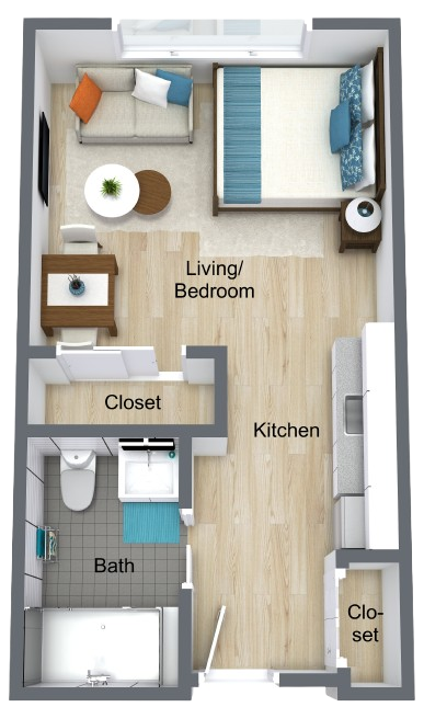 Warm and inviting assisted studio layout, designed for comfort and community living.